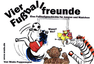 Zeichnung von Pferd, Bär, Hahn und Zebra beim Fußball spielen. Das Pferd schießt gerade auf das Tor, der Hahn ist Torhüter