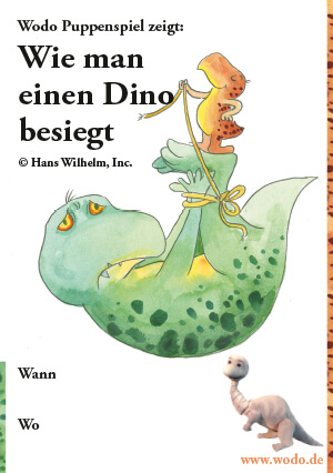 Zeichnung von Bronto, wie er den T-Rex fesselt. Bronto schaut stolz und T-Rex schaut traurig. In der rechten unteren Ecke ist ein Foto von der Salta-Marionette