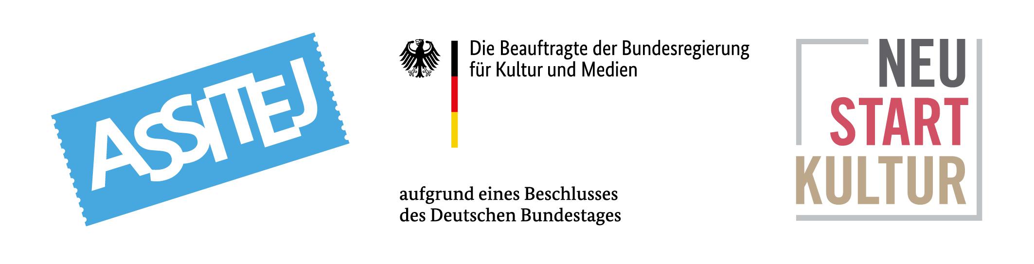 Logo von ASSITEJ, Logo der Beauftragten der Bundesregierung für Kultur und Medien und Logo NEUSTARTKULTUR